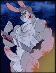 1boy 2024 anthro balls bara blood blood_stain bodily_fluids bottomless bottomless_male clothed clothing erection friday_the_13th gay genitals halloween hi_res holidays hugetherabbit humanoid_genitalia humanoid_penis jason_voorhees jason_voorhees_(cosplay) lagomorph leporid machete male male_only mammal melee_weapon moschythehyena muscular muscular_anthro muscular_male nipples penis rabbit shirt solo topwear torn_clothing torn_shirt torn_topwear vein veiny_penis weapon