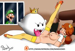 1girls 2boys bandijones boo_(mario) brown_hair caught caught_in_the_act cheating closed_eyes cuck cuckold cunnilingus duo_focus feet female gloves high_heels indoors king_boo legs luigi luigi's_mansion male mario_(series) multiple_boys netorare nintendo ntr orgasm princess_daisy shoking spread_legs stockings super_mario_bros. tongue watching watching_sex window