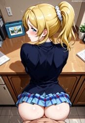 1boy ai_generated anus ass ayase_eli bent_over black_jacket blazer blonde_hair blue_eyes blue_jacket blue_skirt blush breasts bulletin_board closed_mouth clothed_sex clothes_lift clothing desk doggy_style ear_blush female from_above from_behind hair_ornament hair_scrunchie high_ponytail indoors jacket jousneystudio leaning_forward long_hair long_sleeves looking_at_viewer looking_back love_live! love_live!_school_idol_project male miniskirt no_panties otonokizaka_school_uniform paper patreon penis photo_(object) plaid plaid_skirt plant pleated_skirt ponytail potted_plant pov_crotch pussy school_uniform scrunchie sex sex_from_behind sidelocks skirt skirt_lift solo_focus standing standing_sex straight sweat tile_floor tiles trembling uniform vaginal_penetration white_scrunchie winter_uniform