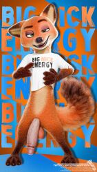 2025 3d_(artwork) 4_fingers 4k 9:16 absurd_res anthro balls big_balls big_penis black_claws black_eyebrows black_nose bottomless bottomless_anthro bottomless_male brown_markings canid canine claws clothed clothing digital_media_(artwork) dipstick_ears dipstick_tail disney ear_markings english_description english_text eyebrows fangs fingers fox front_view fur genitals gesture gloves_(marking) green_eyes half-closed_eyes hand_gesture hi_res humanoid_genitalia humanoid_penis leg_markings male male_only mammal markings multicolored_ears narrowed_eyes nick_wilde open_mouth orange_body orange_fur penis pointing pointing_at_self raised_eyebrow screwingwithsfm shirt shirt_only smile socks_(marking) solo standing tail tail_markings teeth text text_background text_on_clothing text_on_shirt text_on_topwear topwear topwear_only vein veiny_penis white_clothing white_shirt white_topwear zootopia