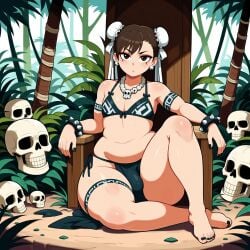 1boy ai_generated black_nails bone_necklace bra brown_hair bulge chun-li earrings huge_butt huge_hips jungle loincloth necklace plump scorpyfemboy sexy.ai skull solo street_fighter thick_thighs throne tribal tribal_clothing tribal_jewelry tribal_tattoo wide_hips wristband,