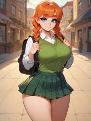 1girls ai_generated big_ass big_breasts blue_eyes braid braided_hair curvy curvy_figure cute cute_face freckles light-skinned_female light_skin melony_(xandr) plaid plaid_skirt red_hair school_uniform schoolgirl shirt skirt thick thick_ass thick_legs thick_thighs twin_braids xandr young younger_female