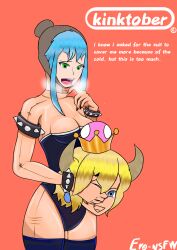 animegao blue_hair bowsette bowsette_(cosplay) eronsfw kigurumi leotard mario_(series) nintendo oc rin(oc) skinsuit skinsuit_bodysuit steaming_body sweating thigh_socks thighhighs