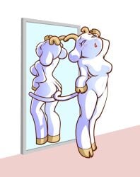 anthro breasts bunny_maloney charlotte_(bunny_maloney) featureless_breasts featureless_crotch furry goat goat_horns mirror mirror_reflection official_art tagme