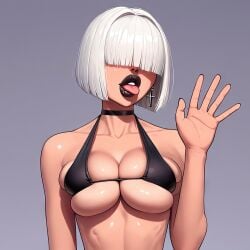 ai_generated big_breasts big_lips bob_cut choker goth goth_girl hair_over_eyes large_breasts micro_bikini skindentation skinny tongue_out waving white_hair