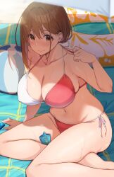 1girls absurd_res ball beachball big_breasts bikini blush breasts brown_eyes brown_hair collarbone hi_res looking_at_viewer lotion mole mole_under_eye navel ol-chan_(udon) original revision side-tie_bikini_bottom sitting solo sunscreen sweat swimsuit thighs udon_(udonalium)