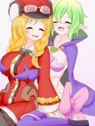 anette_(rune_factory) blonde_hair closed_eyes fire_emblem fire_emblem_awakening green_hair groping groping_from_behind large_breasts manakete morgan_(fire_emblem) morgan_(fire_emblem)_(female) neruth nintendo open_mouth rune_factory yuri