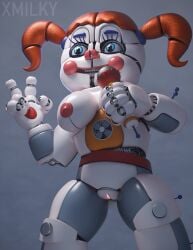 3d animatronic big_breasts blue_eyes breasts circus_baby_(fnaf) female female_only five_nights_at_freddy's five_nights_at_freddy's:_sister_location microphone nipples orange_hair peace_sign pink_nipples pussy robot robot_girl robot_humanoid thighs twintails vagina white_body x3milky