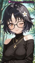 1girls ;p ai_generated anime anime_style asian bangs bare_shoulders black-framed_eyewear black_hair black_sweater blush breasts brown_eyes bush bust busty clothing clothing_cutout cross cross_necklace day female female_focus female_only flower flowers foliage forest glasses gold_necklace hair_flower hair_ornament hentai hunter_x_hunter inverted_cross jewelry large_breasts lips long_sleeves looking_at_viewer medium_breasts megane natsuyoru nature necklace off_shoulder one_eye_closed outdoors ribbed_sweater shizuku_murasaki short_hair shoulder_cutout smile solo solo_female sweater tongue tongue_out tree turtleneck turtleneck_sweater upper_body voluptuous voluptuous_female white_flower