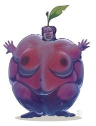 1girl 1girls 2020s 2021 5_fingers 5_toes artist_logo barefoot big_breasts breasts digital_drawing_(artwork) digital_media_(artwork) feet female fingers food food_creature food_humanoid food_transformation fruit humanoid logo navel nipples nude nude_female open_mouth original plant plum_(fruit) round_body shadow simple_background solo solo_female tasteful_nudity thick_thighs tittydispenser toes transformation white_background