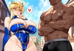 1boy 1girls ai_generated artoria_pendragon artoria_pendragon_(lancer) big_breasts blonde_hair blue_legwear breasts dark-skinned_male fate/grand_order fate_(series) female female_focus female_only green_eyes huge_breasts large_breasts mature_female milf queen