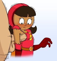 ambiguous_race armpit_sex armpits balls becky_botsford blush blush_lines brown_hair brown_skin brown_skinned_female dark_skin flat_chest flat_chested little_kid’s_show mannysdirt penis penis_through_clothing questionable_consent superheroine surprised thrusting unseen_male_face wordgirl