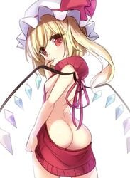 ass ass_cleavage asymmetrical_hair back back_opening backless_outfit bare_back bare_shoulders blonde_hair blush bow breasts butt_crack cowboy_shot crystal dress eyebrows_visible_through_hair female female_only flandre_scarlet halterneck hand_to_own_mouth hand_up hat hat_bow high_resolution janne_cherry long_hair looking_at_viewer meme_attire mob_cap naked_sweater open-back_dress open_mouth ponytail posterior_cleavage red_eyes red_sweater ribbed_sweater ribbon shoulder_blades side_ponytail sideboob simple_background small_breasts solo spread_legs sweater sweater_dress tied_hair touhou turtleneck turtleneck_sweater virgin_killer_sweater white_background white_hat white_headwear wings