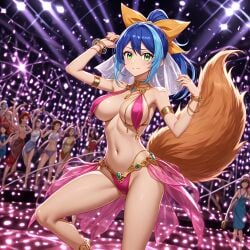 abdomen accessory ai_generated arm_band belly_dancer blue_hair breasts dancer female fox_tail green_eyes hi_res jewelry looking_at_viewer navel people_in_background ponytail ribbon serena_(yu-gi-oh!_arc-v) smile yu-gi-oh! yu-gi-oh!_arc-v