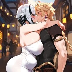 1boy 1girls aether_(genshin_impact) ai_generated arlecchino_(genshin_impact) big_breasts fat_ass horny_female imminent_sex kissing long_hair mihoyo straight thick_thighs