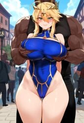 1boy 1girls ai_generated artoria_pendragon artoria_pendragon_(lancer) big_breasts blonde_hair blue_legwear breasts dark-skinned_male fate/grand_order fate_(series) female female_focus female_only green_eyes groping_breasts huge_breasts large_breasts mature_female milf queen