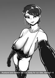 1girls anime areolae areolae_visible_through_clothing asking_viewer big_breasts black_and_white breasts cleavage digital_drawing_(artwork) digital_media_(artwork) dress ear_piercing eyelashes eyeliner female female_focus female_only holding_object holding_phone hoop_earrings komi-san_wa_komyushou_desu komi_can't_communicate komi_shuuko lips lipstick long_gloves long_sleeves looking_at_viewer loose_clothes loose_dress milf monochrome nipples nipples_visible_through_clothing pearl_necklace pierced_ears pose posing quin-nsfw sexting short_hair snapchat solo solo_female solo_focus stockings tagme taking_picture text thighs