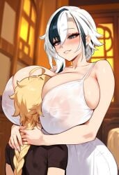 1boy 1girls aether_(genshin_impact) ai_generated arlecchino_(genshin_impact) big_breasts fat_ass horny_female long_hair mihoyo sex straight thick_thighs