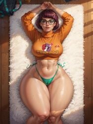 ai_generated arms_up big_breasts breasts crop_top glasses hi_res highres looking_at_viewer lying lying_on_back lying_on_floor lying_on_rug midriff no_pants on_back on_floor on_rug panties pov purple_eyes purple_hair scooby-doo short_hair thick_thighs thighs velma_dinkley xrp7788