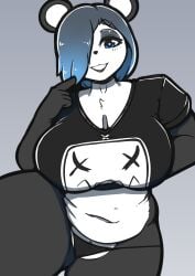 1girls animal_ears anthro belly belly_button bent_arm big_breasts black_and_white_fur blue_eyes blue_hair blush breasts cleavage clothed clothed_female cute cute_face digital_drawing_(artwork) digital_media_(artwork) eyelashes eyeliner female female_focus female_only finger_pointing hi_res highlights highlights_(coloring) lips lipstick original original_character panda panda_ears panties pinup quin-nsfw shirt shirt_lift sitting slightly_chubby slightly_chubby_female solo solo_female solo_focus stomach suzu_(quin-nsfw) tagme thick_thighs thighs