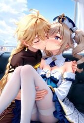 1boy 1girls aether_(genshin_impact) ai_generated barbara_(genshin_impact) horny_female kissing long_hair mihoyo pleasure_face sex straight