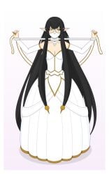 black_hair bondage bound cleavage female female_only femsub fully_clothed gag gagged minimedjed png pointy_ears steel_bondage wedding_dress yellow_eyes yoke yoke_(restraint)