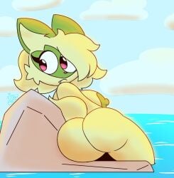 2025 anthro ass beach big_breasts breasts crystalstic digital_media_(artwork) eyelashes fangs female fur generation_9_pokemon green_body green_fur green_nipples hi_res looking_at_viewer looking_back lying makeup nintendo nipples nude nude_anthro nude_female outside pokemon pokemon_(species) pseudo_hair rear_view red_eyes rock solo sprigatito tail teeth thick_thighs water