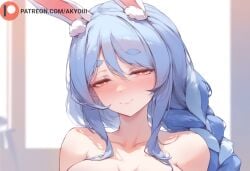 1girls ai_generated akyoi animal_ears bedroom big_breast blue_hair blush braid braided_ponytail breast bunny_ears female hololive light-skinned_female light_skin long_hair looking_at_viewer pantyhose patreon pekomama red_eyes smile solo solo_female thighs white_hair