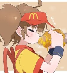 1boy 1girls @_@ ahoge black_eyes black_eyes_female blush blushing_female brown_hair brunette_hair censored closed_eyes cock cock_sandwich dabuchi_tabemi depraved dick donutman double_cheese_(mcdonald's) employee employee_uniform fast_food fast_food_(food) fast_food_employee fast_food_restaurant fast_food_uniform fellatio female female_focus food_on_body food_on_penis food_penetration from_side girl kissing kissing_penis kissing_penis_tip kissing_tip licking licking_penis looking_at_penis love lucky_bastard mcdonald's mosaic_censoring oral oral_sex pale-skinned_female pale_skin_female pale_skinned_female penis profile red_trim restaurant sex shirt short_hair short_sleeves staring_at_penis straight twintails visor_cap weird work_uniform yellow_shirt