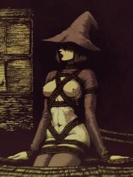 2020s 2024 blonde_hair bob_cut bondage breasts female navel reachartwork rope rope_bondage shibari shibari_over_clothes solo tagme thighhighs witch witch_hat