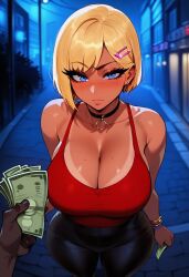 1girls agatha_(xandr) ai_generated artstyle_imitation ass big_ass big_breasts black_pants blonde_female blonde_hair blue_eyes bob_cut choker dark-skinned_male earrings emotionless eyelashes eyeshadow gyaru hair_covering_eye hair_over_one_eye huge_ass huge_breasts makeup money night prostitute prostitution red_tank_top seductive short_hair slut tank_top tanned tanned_female tanned_skin thiccwithaq_(ai_style) thick thick_ass thick_legs thick_lips thick_thighs tight_pants voluptuous voluptuous_female whore xandr young younger_female