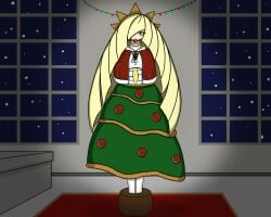 ball_gag blonde_hair bondage bound christmas christmas_tree female female_only fully_clothed gag gagged lusamine_(pokemon) minimedjed pokemon stationary_restraints