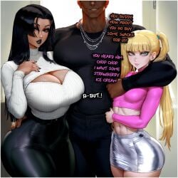 1boy 2girls ai_generated aipotions bare_arms bare_legs bare_shoulders bare_thighs big_breasts black_hair blonde_hair blue_eyes blush color cuckold dark-skinned_male dark_skin english_text female hi_res interracial large_breasts light-skinned_female light_skin long_hair male male/female muscles muscular muscular_male netorare ntr original_character small_breasts tagme text text_bubble thick_thighs