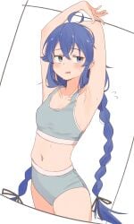 ahoge armpits arms_up bare_arms bare_belly bare_legs bare_thighs belly_button blue_eyes blue_hair blush breasts collarbone grey_sports_bra long_hair mushoku_tensei parted_lips root_(1732050807point) roxy_migurdia small_breasts sports_bra sweatdrop thighs twin_braids underwear