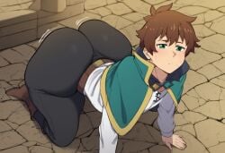 1boy ai_generated ass big_ass big_ass_(male) big_butt bottom_heavy femboy huge_ass huge_butt hyper hyper_ass jiggle jiggling_ass kono_subarashii_sekai_ni_shukufuku_wo! looking_back male male_only massive_ass massive_butt pants satou_kazuma solo solo_male tight_pants trap yaoi