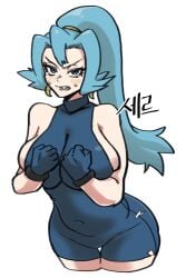 angry_face clair_(pokemon) covering_breasts gigobyte350 large_breasts pokemon spandex