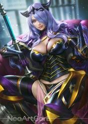1girls big_breasts breasts camilla_(fire_emblem) circlet cleavage female female_only fire_emblem fire_emblem_fates gloves hair_over_one_eye horns large_breasts lips long_hair looking_at_viewer neoartcore nintendo nudtawut_thongmai photoshop_(medium) pink_eyes purple_gloves purple_hair smile solo solo_female spread_legs staff thighs veil veins veiny_breasts