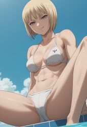 ai_generated bikini blonde_hair blonde_hair_female clare_(claymore) claymore female gray_eyes looking_back medium_breasts navel short_hair sitting