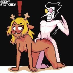 angry anthro antlers areola bed bent_legs black_eyes black_hair blonde_hair blush bodily_fluids breasts brown_body brown_fur butt_slap deer deltarune digital_media_(artwork) dominant dominant_male duo embarrassed exclamation_point eyewear female from_front_position fur furniture genitals glasses grabbing_hips hair horn humanoid imminent_death lying male male/female mammal motion_lines multicolored_eyewear multicolored_glasses navel new_world_deer nipples noelle_holiday nude orientation_play pained_expression penis pixel_(artwork) pupils reflective_body reindeer restricted_palette scut_tail seedy_stitches_(artist) sex shaded short_tail shy simple_background simple_shading sitting slap small_pupils smile smirk solo spamton_g._spamton spank_marks spanking sweat sweatdrop tail tears undertale_(series) unexpected_spank white_body