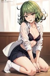 1girls ai_generated blush bra curly_hair green_eyes green_hair kneeling off_shoulder one-punch_man open_clothes open_shirt school_uniform schoolgirl skirt small_breasts socks tatsumaki