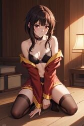 ai_generated bra brown_hair clothed collar half-dressed kneeling kono_subarashii_sekai_ni_shukufuku_wo! megumin off_shoulder red_dress red_eyes short_hair small_breasts stockings thighhighs