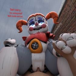 1boy 1girls 3d animatronic blue_eyes circus_baby_(fnaf) cowgirl_position english_text five_nights_at_freddy's five_nights_at_freddy's:_sister_location g0g0g0g0g0g holding_hands orange_hair penetration penis pussy robot robot_girl robot_humanoid text thighs twintails vagina vaginal_penetration vaginal_penetration vaginal_sex white_body