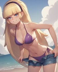 1girls aged_up ai_generated bare_shoulders beach bent_over bikini blonde_hair blue_eyes blush breasts cleavage cloud collarbone female gravity_falls hairband hips jean_shorts long_hair looking_at_viewer medium_breasts navel notreallyhere pacifica_northwest side-tie_bikini smile solo standing undressing