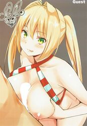 areolae bikini blonde_hair blush body_mahattaya_ginga breast_squeeze breasts breasts_out brown_background censored collarbone criss-cross_halter eyebrows_visible_through_hair fate/grand_order fate_(series) female fou_(fate) green_eyes halterneck highres licking_lips light_smile nero_claudius_(fate) nero_claudius_(swimsuit_caster) nipples paizuri penis shiny shiny_hair shiny_skin striped striped_bikini swimsuit tongue tongue_out twintails