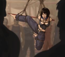 2019 2d 2d_(artwork) asian asian_female background belt black_hair bondage bondage bondage bound bound_arms bound_legs bound_wrists breasts cleavage female female_focus female_only human japanese kusujinn light-skinned_female light_skin looking_at_viewer mako_mori one_leg_up pacific_rim rope rope_between_breasts rope_bondage shibari_over_clothes submissive submissive_female suspended_in_midair suspension suspension_bondage