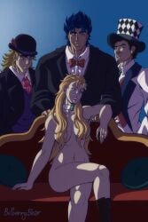 1girls 3boys bilberrybear blonde_female blonde_hair blue_eyes boots boots_only choker choker_only clothed_male_nude_female cmnf couch couch_sitting crossed_legs erina_pendleton hair_censor hair_covering_breasts jojo's_bizarre_adventure jonathan_joestar long_hair phantom_blood robert_edward_o_speedwagon softcore suggestive william_antonio_zeppeli