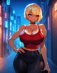 1girls agatha_(xandr) ai_generated artstyle_imitation ass big_ass big_breasts black_pants blonde_female blonde_hair blue_eyes bob_cut choker earrings emotionless eyelashes eyeshadow gyaru hair_covering_eye hair_over_one_eye huge_ass huge_breasts makeup prostitute prostitution red_tank_top seductive short_hair slut tank_top tanned tanned_female tanned_skin thiccwithaq_(ai_style) thick thick_ass thick_legs thick_lips thick_thighs tight_pants voluptuous voluptuous_female whore xandr young younger_female