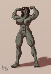 2018 5_fingers 5_toes abs barefoot black_hair blue_eyes boo3 breasts eyewear female final_fantasy final_fantasy_xiv flexing goggles green_skin hair looking_at_viewer multicolored_hair muscular muscular_female nipples nyunawyb pussy roegadyn scar simple_background solo standing toes two_tone_hair