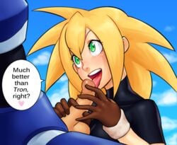 armor blonde_hair blush capcom female gloves green_eyes hairband male mega_man mega_man_legends mega_man_volnutt open_mouth outdoors penis righteoustea roll_caskett short_hair skin_tight spiked_hair straight testicles tongue