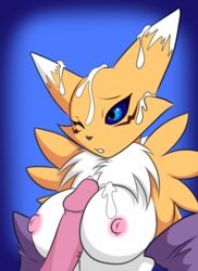 2015 after_sex anthro big_breasts big_penis blue_eyes breasts chest_tuft cum cum_on_breasts cum_on_ear cum_on_face digimon edit erection faceless_male female female_focus male mastergodai monochrome nipples one_eye_closed paizuri penis renamon sex sketch tuft